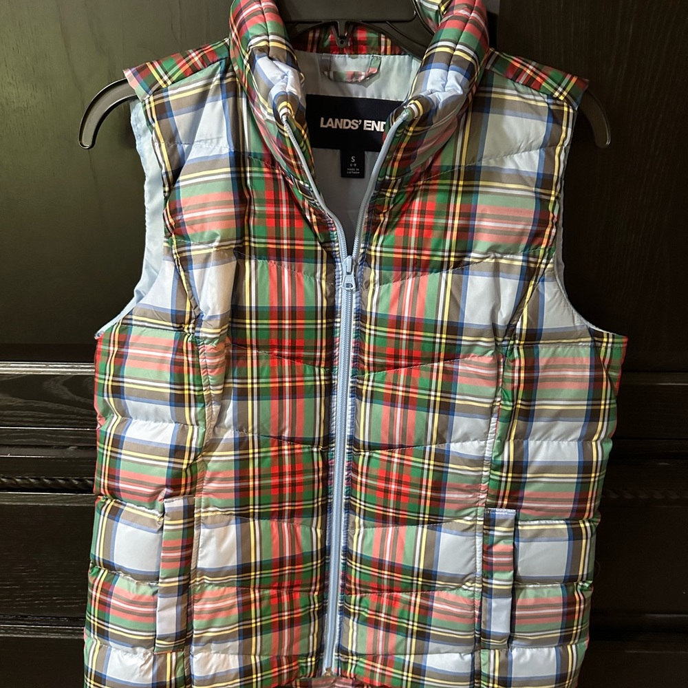 Lands' End Colorful Plaid Puffer Vest